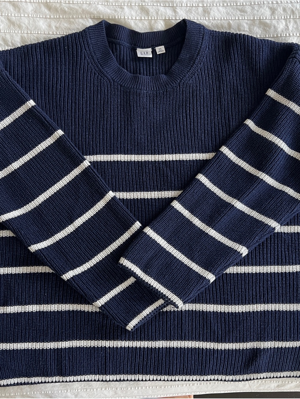 GAP Navy and White Striped Women’s Crewneck Sweater